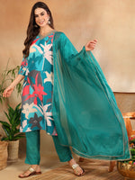 Ahika Women Teal Silk Blend Floral Printed Straight Kurta Trouser With Dupatta-PKSKD2643