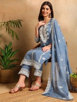 Ahika Women Blue Organza Solid Embroidered Straight Kurta Trousers With Dupatta-PKSKD2645