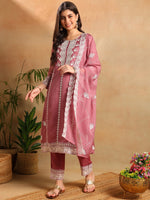 Ahika Women Pink Organza Solid Embroidered Straight Kurta Trousers With Dupatta-PKSKD2646