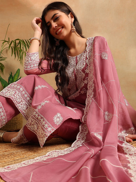 Ahika Women Pink Organza Solid Embroidered Straight Kurta Trousers With Dupatta-PKSKD2646