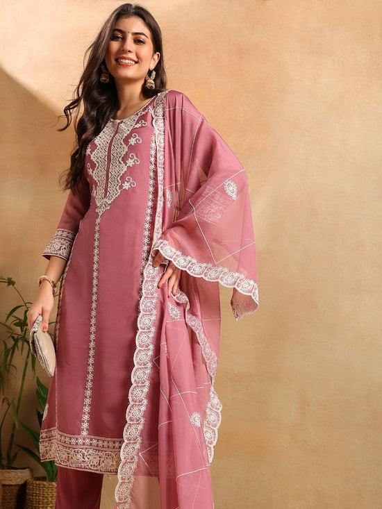 Ahika Women Pink Organza Solid Embroidered Straight Kurta Trousers With Dupatta-PKSKD2646