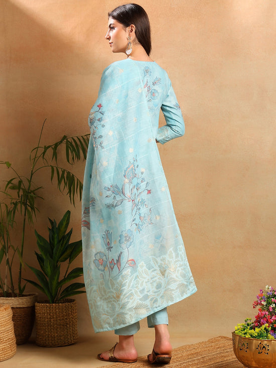 Ahika Women Blue Linen Blend Floral Woven Design Straight Kurta Trousers With Dupatta-PKSKD2649