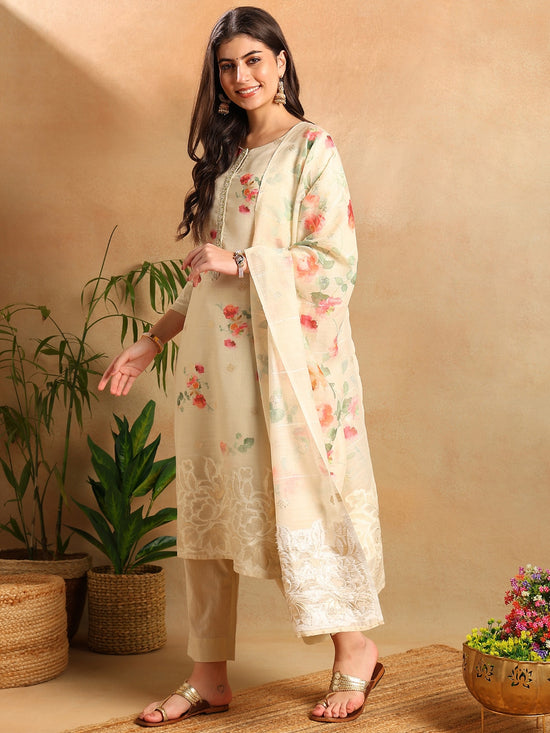 Ahika Women Cream Linen Blend Floral Woven Design Straight Kurta Trousers With Dupatta-PKSKD2651