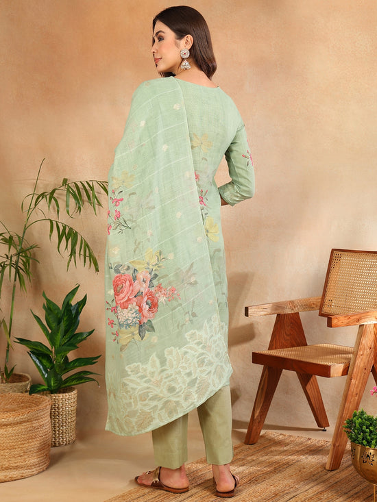 Ahika Women Green Linen Blend Floral Woven Design Straight Kurta Trouser With Dupatta-PKSKD2652