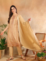 Ahika Women Beige Chanderi Striped Woven Design Straight Kurta Trouser With Dupatta-PKSKD2656