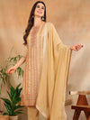 Ahika Women Beige Chanderi Striped Woven Design Straight Kurta Trouser With Dupatta-PKSKD2656