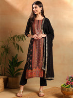 Ahika Women Black Chanderi Ethnic Motifs Woven Design Straight Kurta Trousers With Dupatta-PKSKD2657