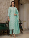 Ahika Women Sea Green Silk Blend Solid Embroidered Straight Kurta Trouser With Dupatta-PKSKD2686