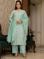 Ahika Women Sea Green Silk Blend Solid Embroidered Straight Kurta Trouser With Dupatta-PKSKD2686