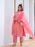 Ahika Women Pink Silk Blend Solid Embroidered Straight Kurta Trouser With Dupatta-PKSKD2687