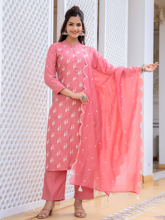 Ahika Women Pink Silk Blend Solid Embroidered Straight Kurta Trouser With Dupatta-PKSKD2687