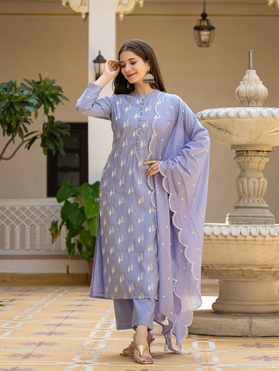 Ahika Women Blue Silk Blend Solid Embroidered Straight Kurta Trouser With Dupatta-PKSKD2688