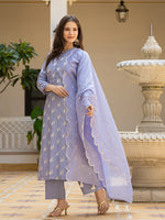 Ahika Women Blue Silk Blend Solid Embroidered Straight Kurta Trouser With Dupatta-PKSKD2688