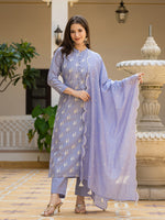 Ahika Women Blue Silk Blend Solid Embroidered Straight Kurta Trouser With Dupatta-PKSKD2688