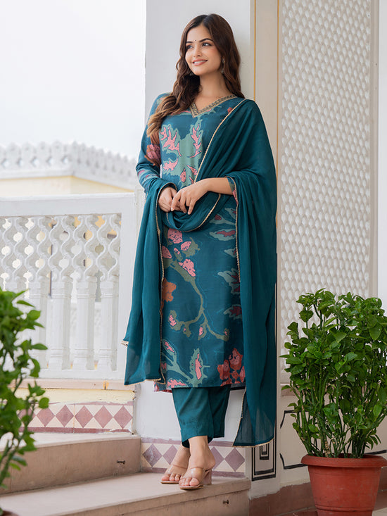 Ahika Women Teal Polyester Abstract Printed Straight Kurta Trouser With Dupatta-PKSKD2690