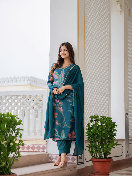 Ahika Women Teal Polyester Abstract Printed Straight Kurta Trouser With Dupatta-PKSKD2690