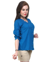 Pannkh Women's Blue Shirt Top With Detailed Notch Designs-PKT1006BLUE-XS