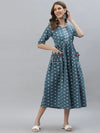 Women's Self Design Cotton Blend Maxi Dress-POPPYTEAL-S