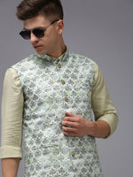 Men Mandarin Collar Printed Green Nehru Jacket-PR-101-Green