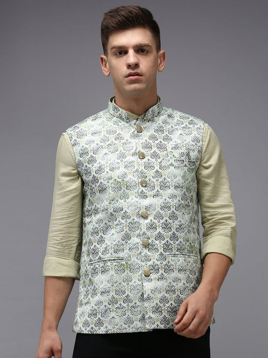 Men Mandarin Collar Printed Green Nehru Jacket-PR-101-Green