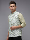 Men Mandarin Collar Printed Green Nehru Jacket-PR-101-Green