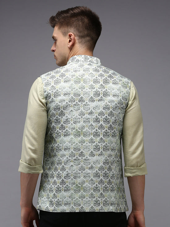 Men Mandarin Collar Printed Green Nehru Jacket-PR-101-Green