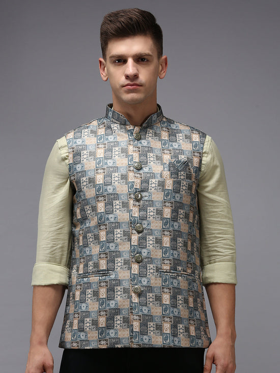 Men Mandarin Collar Printed Multi Nehru Jacket-PR-102-Multi