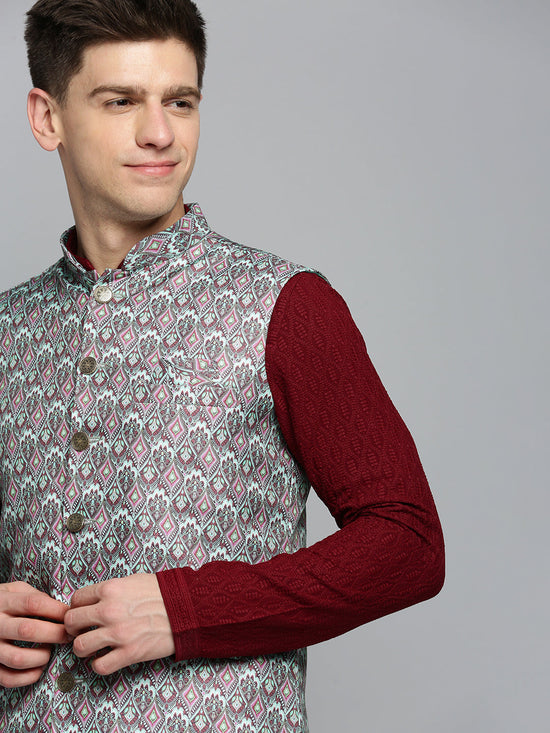 Men Mandarin Collar Printed Green Nehru Jacket-PR-108-Green