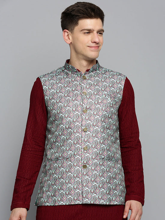 Men Mandarin Collar Printed Green Nehru Jacket-PR-108-Green