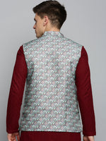 Men Mandarin Collar Printed Green Nehru Jacket-PR-108-Green