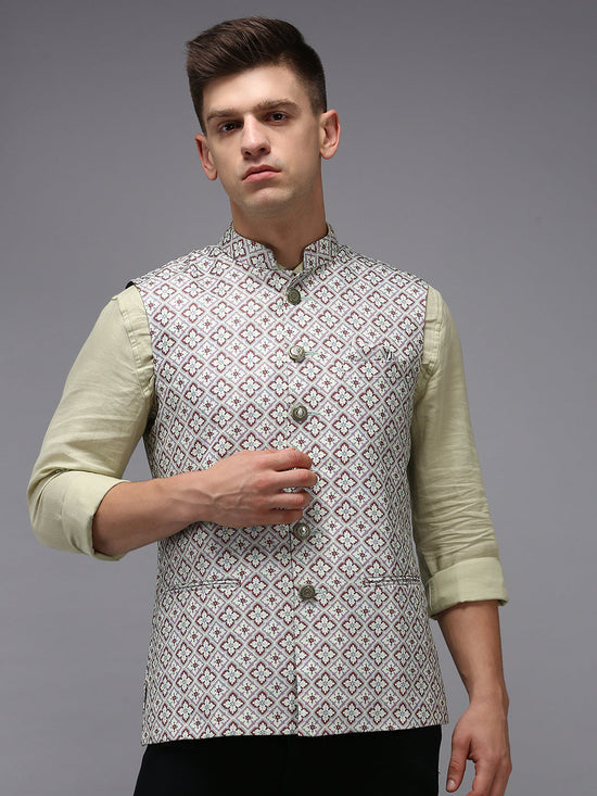 Men Mandarin Collar Printed Fluorescent Green Nehru Jacket-PR-111-Fluorescentgreen