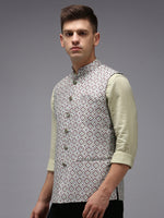 Men Mandarin Collar Printed Fluorescent Green Nehru Jacket-PR-111-Fluorescentgreen