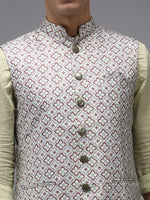 Men Mandarin Collar Printed Fluorescent Green Nehru Jacket-PR-111-Fluorescentgreen