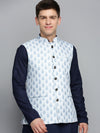 Men Mandarin Collar Printed White Nehru Jacket-PR-116-White