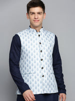 Men Mandarin Collar Printed White Nehru Jacket-PR-116-White