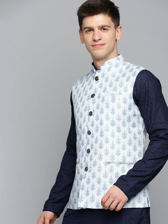 Men Mandarin Collar Printed White Nehru Jacket-PR-116-White