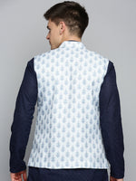 Men Mandarin Collar Printed White Nehru Jacket-PR-116-White