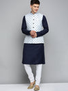 Men Mandarin Collar Printed White Nehru Jacket-PR-116-White