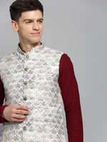 Men Mandarin Collar Printed Cream Nehru Jacket-PR-119-Cream