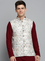 Men Mandarin Collar Printed Cream Nehru Jacket-PR-119-Cream