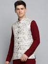 Men Mandarin Collar Printed Cream Nehru Jacket-PR-119-Cream