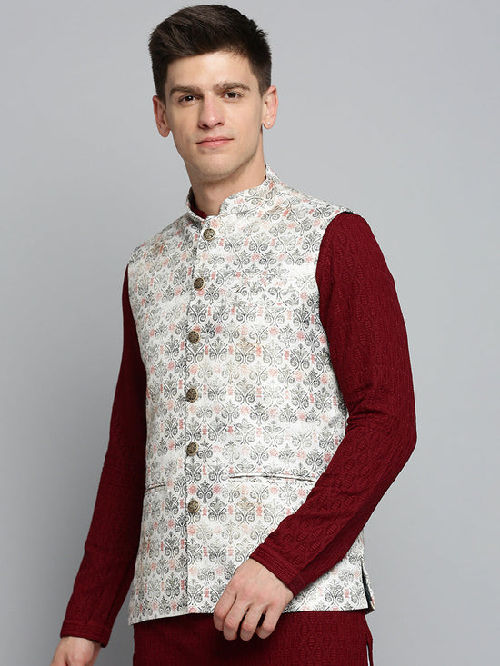 Men Mandarin Collar Printed Cream Nehru Jacket-PR-119-Cream