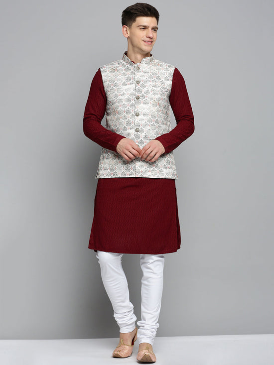 Men Mandarin Collar Printed Cream Nehru Jacket-PR-119-Cream