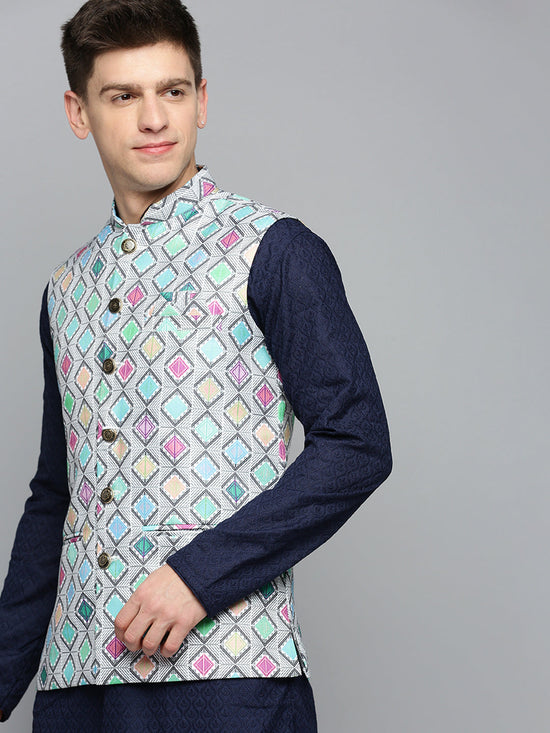 Men Mandarin Collar Printed Multi Nehru Jacket-PR-121-Multi