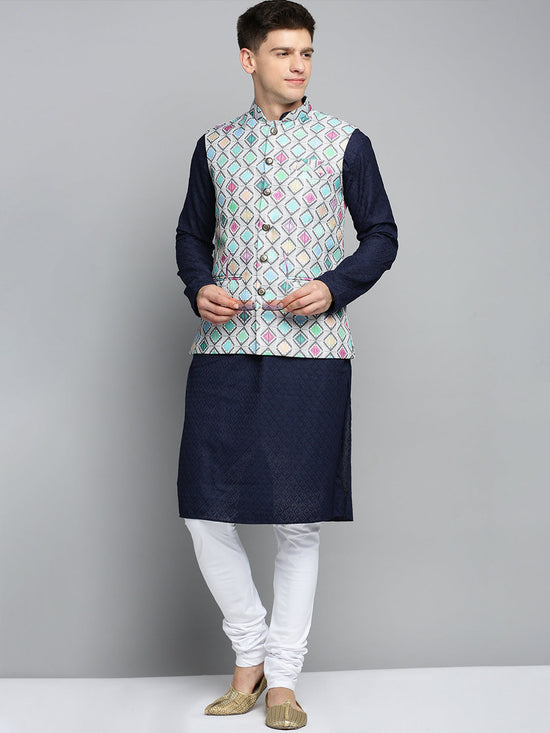 Men Mandarin Collar Printed Multi Nehru Jacket-PR-121-Multi