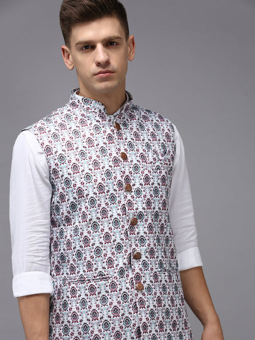 Men Mandarin Collar Printed White Nehru Jacket-PR-124-White