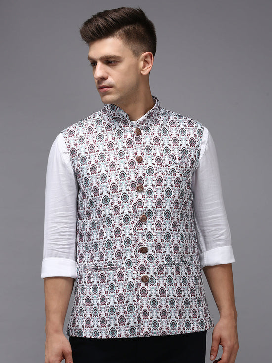 Men Mandarin Collar Printed White Nehru Jacket-PR-124-White