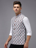 Men Mandarin Collar Printed White Nehru Jacket-PR-124-White