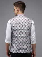 Men Mandarin Collar Printed White Nehru Jacket-PR-124-White