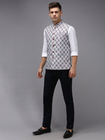 Men Mandarin Collar Printed White Nehru Jacket-PR-124-White